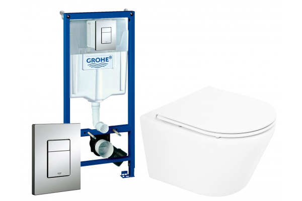 Комплект 3 в 1 инсталляция Grohe Rapid SL + Унитаз подвесной BelBagno Tre BB8001CHR/SC + кнопка хром в современном стиле