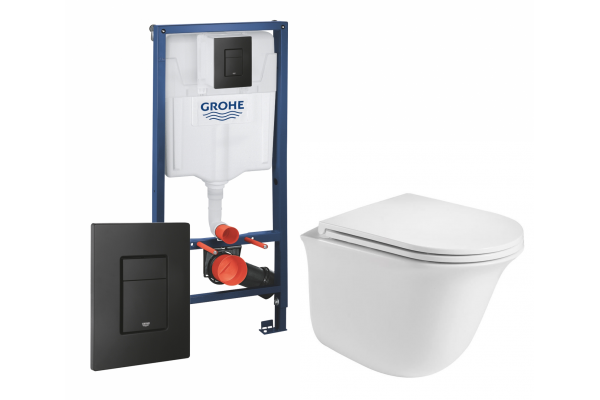 Комплект 3 в 1 инсталляция Grohe Rapid SL + Подвесной унитаз WeltWasser Telbach + черная кнопка в стиле hi-tech