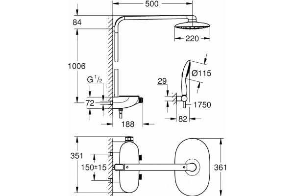 Душевая стойка Grohe Rainshower Smart Control Mono 26361000 хром, штанга 112.6 см
