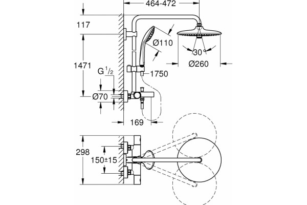 Душевая стойка Grohe Euphoria 27475001 хром, штанга 162.3 см, шланг 175 см