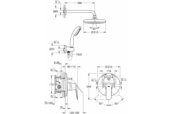 Душевой комплект Grohe Eurosmart Cosmopolitan 25183001 С ВНУТРЕННЕЙ ЧАСТЬЮ хром, шланг 150 см