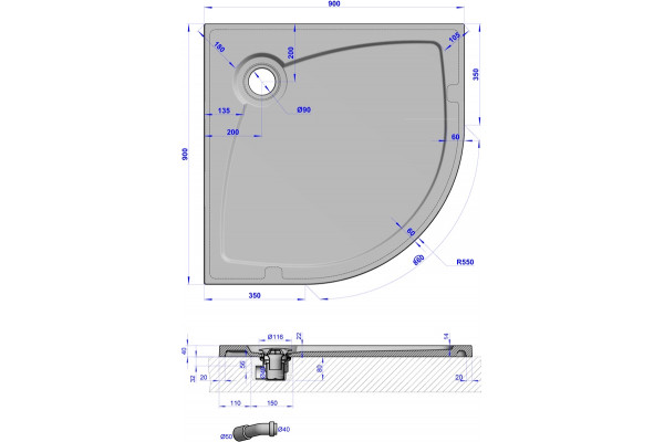 Поддон для душа GuteWetter Deluxe 90x90x4 R терракот четверть круга, низкий