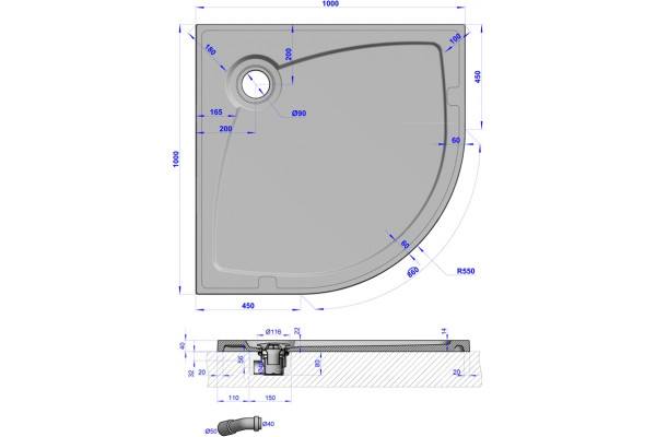 Поддон для душа GuteWetter Deluxe 100x100x4 R терракот четверть круга, низкий