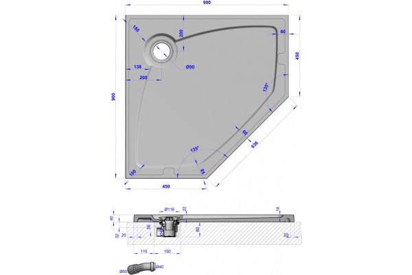 Поддон для душа GuteWetter Deluxe 90x90x4 P бежевый пятиугольный, низкий