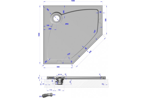 Поддон для душа GuteWetter Deluxe 100x100x4 P терракот пятиугольный, низкий