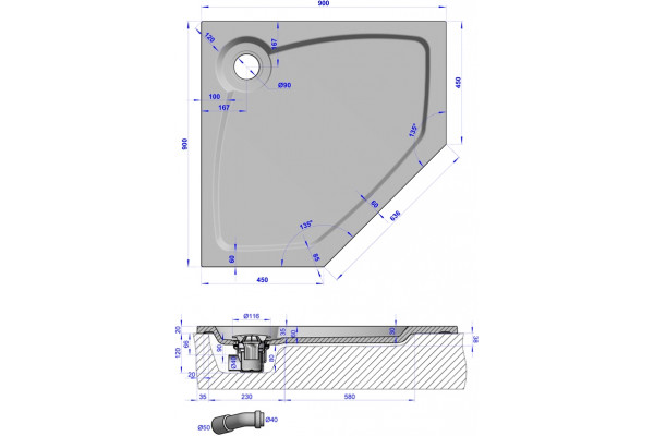 Поддон для душа GuteWetter Deluxe 90x90x2 P черный пятиугольный, низкий