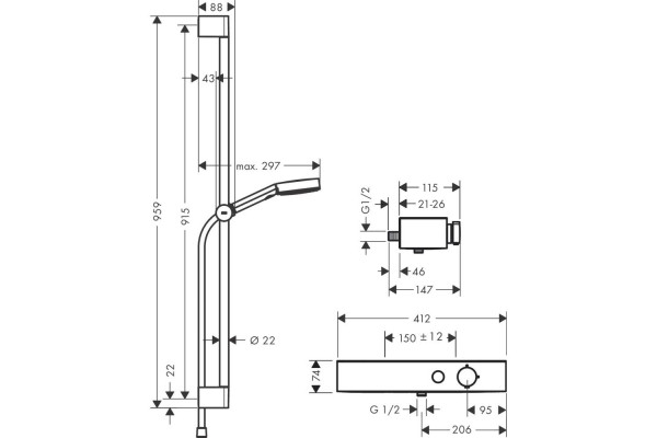 Душевая система Hansgrohe Pulsify S Showerpipe 105 3jet с термостатом для ванны, штанга 90 см 24270000, хром