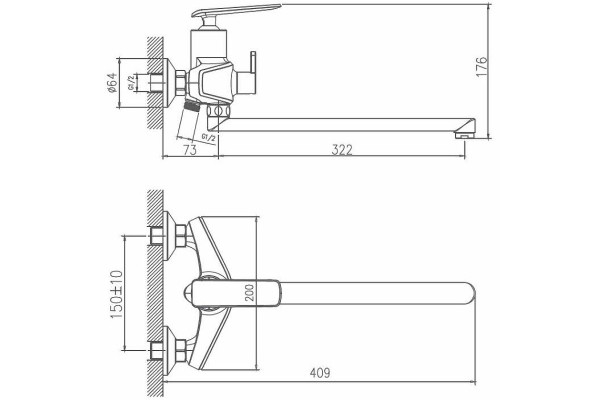 Смеситель для ванны Haiba HB22548-7, черный/хром, однорычажный, длина излива 35 см