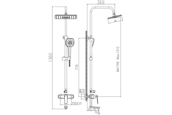 Душевая стойка Haiba HB24548-7, черный/хром, шланг 150 см