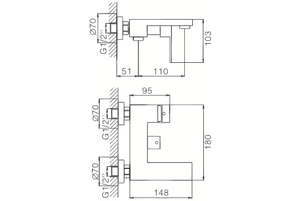 Смеситель для ванны Haiba HB60803-2, сталь, однорычажный, длина излива 16.1 см