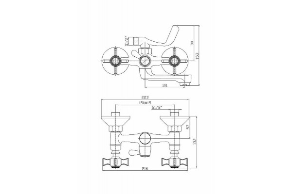 Смеситель для ванны Haiba HB3024, хром, двухвентильный, длина излива 10.1 см