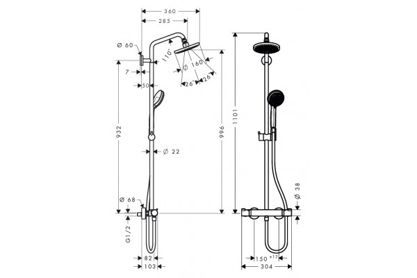 Душевая стойка Hansgrohe Croma 160 Showerpipe  хром, штанга 110.1 см