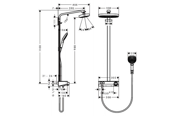Душевая стойка Hansgrohe Raindance Select E 300 2jet Showerpipe хром, штанга 110 см