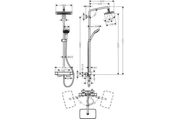 Душевая стойка Hansgrohe Croma 27630000 для душа, с термостатом, хром, штанга 110.5 см