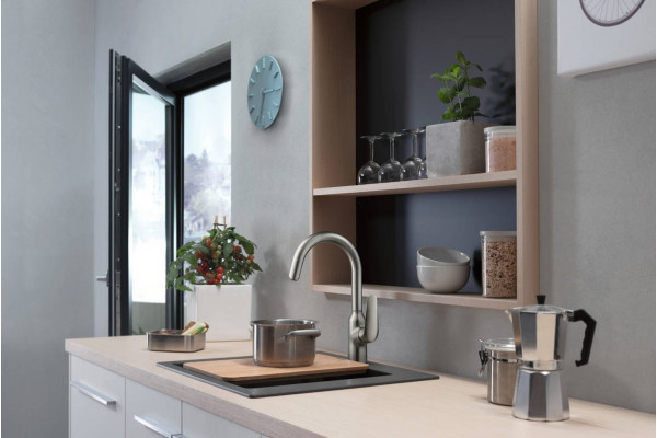 Смеситель Hansgrohe Focus M42 71802800 для кухонной мойки, сталь, однорычажный, высота излива 22.3 см