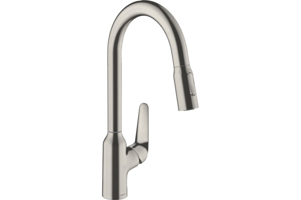 Смеситель Hansgrohe Focus M42 71800800 для кухонной мойки, сталь, однорычажный, высота излива 21.9 см