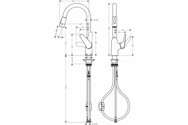 Смеситель Hansgrohe Focus M42 71800800 для кухонной мойки, сталь, однорычажный, высота излива 21.9 см
