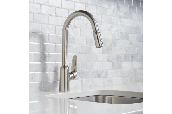 Смеситель Hansgrohe Focus M42 71800800 для кухонной мойки, сталь, однорычажный, высота излива 21.9 см