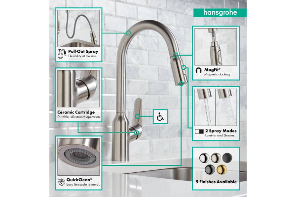 Смеситель Hansgrohe Focus M42 71800800 для кухонной мойки, сталь, однорычажный, высота излива 21.9 см