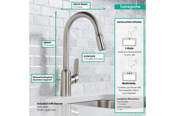 Смеситель Hansgrohe Focus M42 71800800 для кухонной мойки, сталь, однорычажный, высота излива 21.9 см