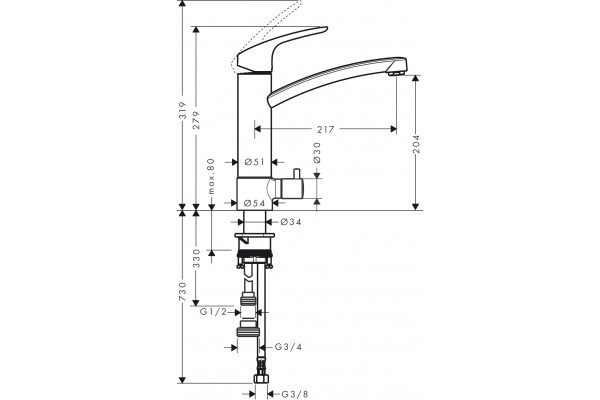 Смеситель Hansgrohe Focus M41 31803000 для кухонной мойки, хром, однорычажный, высота излива 20.4 см