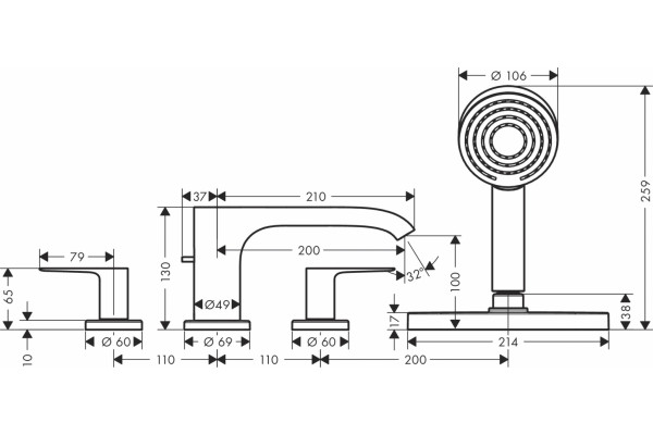 Смеситель Hansgrohe Vivenis 75444670 на борт ванны, матовый черный, двухвентильный, белый