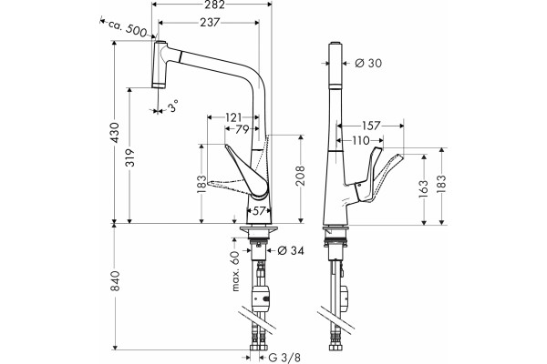 Смеситель Hansgrohe Metris M71 14780800 для кухонной мойки, сталь, однорычажный, высота излива 31.9 см