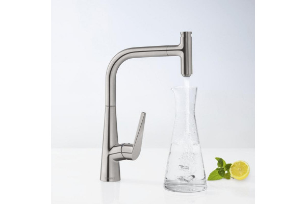 Смеситель Hansgrohe Talis Select M51 73853800 для кухонной мойки, сталь, однорычажный, высота излива 28.8 см