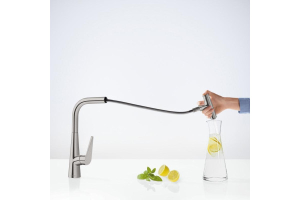 Смеситель Hansgrohe Talis Select M51 73853800 для кухонной мойки, сталь, однорычажный, высота излива 28.8 см