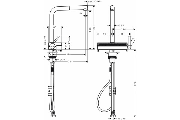 Смеситель Hansgrohe Aquno Select M81 73836000 для кухонной мойки, хром, однорычажный, высота излива 25 см