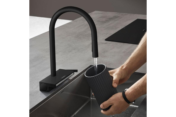 Смеситель Hansgrohe Aquno Select M81 73831670 для кухонной мойки, матовый черный, однорычажный, высота излива 16.5 см