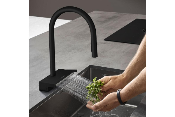 Смеситель Hansgrohe Aquno Select M81 73831670 для кухонной мойки, матовый черный, однорычажный, высота излива 16.5 см