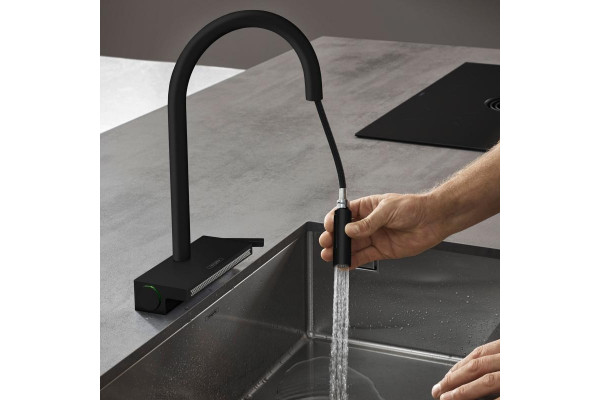 Смеситель Hansgrohe Aquno Select M81 73831670 для кухонной мойки, матовый черный, однорычажный, высота излива 16.5 см