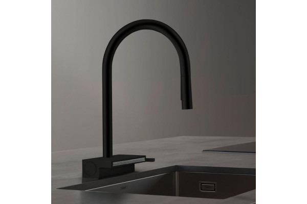 Смеситель Hansgrohe Aquno Select M81 73831670 для кухонной мойки, матовый черный, однорычажный, высота излива 16.5 см