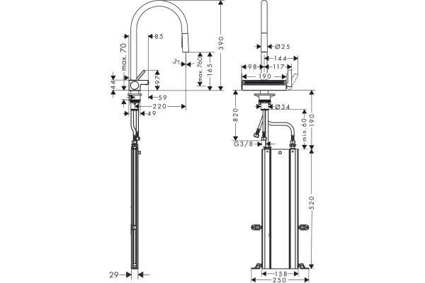 Смеситель Hansgrohe Aquno Select M81 73831000 для кухонной мойки, хром, однорычажный, высота излива 16.5 см