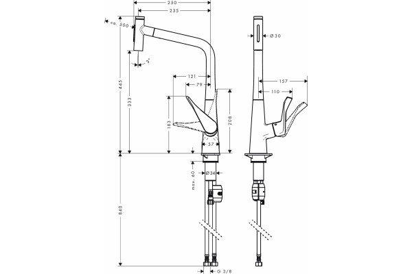 Смеситель Hansgrohe Metris Select M71 73820800 для кухонной мойки, сталь, однорычажный, высота излива 33.3 см