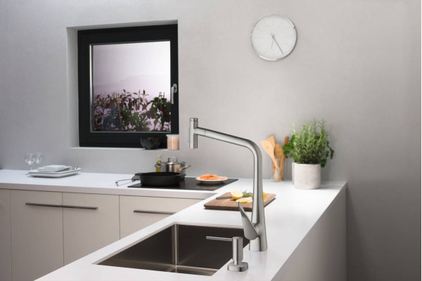 Смеситель Hansgrohe Metris Select M71 73820800 для кухонной мойки, сталь, однорычажный, высота излива 33.3 см