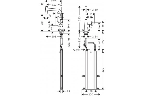 Смеситель Hansgrohe Metris Select M71 73817000 для кухонной мойки, хром, однорычажный, высота излива 23.8 см