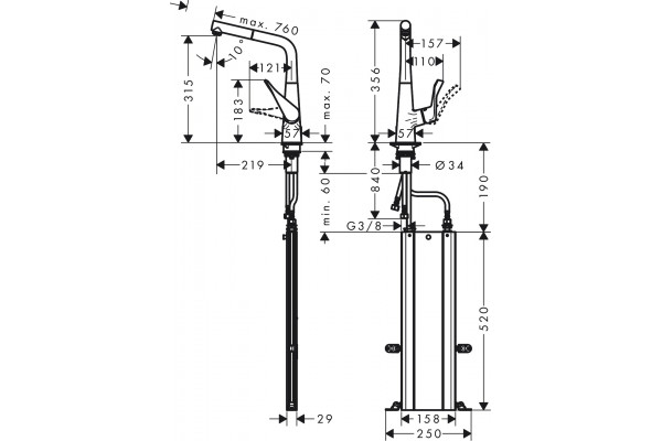Смеситель Hansgrohe Metris M71 73812800 для кухонной мойки, сталь, однорычажный, высота излива 31.5 см