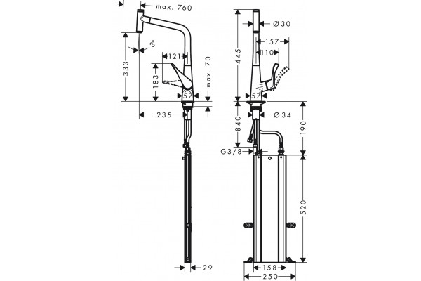 Смеситель Hansgrohe Metris Select M71 73803800 для кухонной мойки, сталь, однорычажный, высота излива 33.3 см