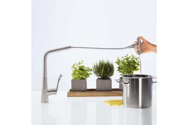 Смеситель Hansgrohe Metris Select M71 73803800 для кухонной мойки, сталь, однорычажный, высота излива 33.3 см