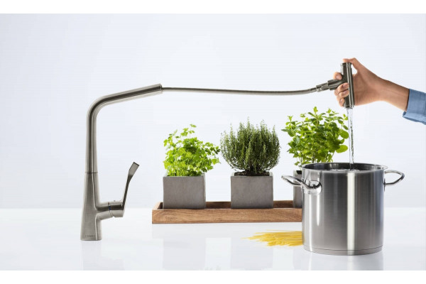 Смеситель Hansgrohe Metris Select M71 73802800 для кухонной мойки, сталь, однорычажный, высота излива 23.8 см