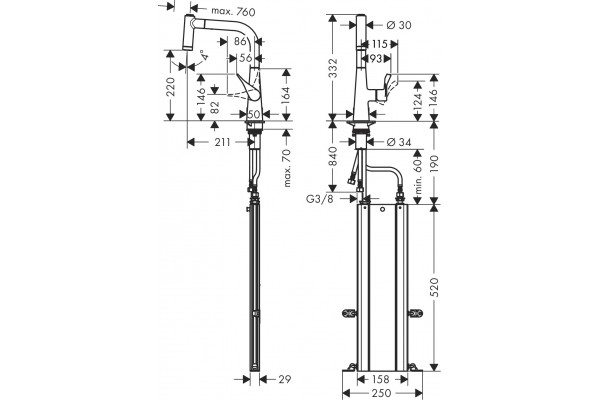 Смеситель Hansgrohe Metris M71 73800000 для кухонной мойки, хром, однорычажный, высота излива 22 см