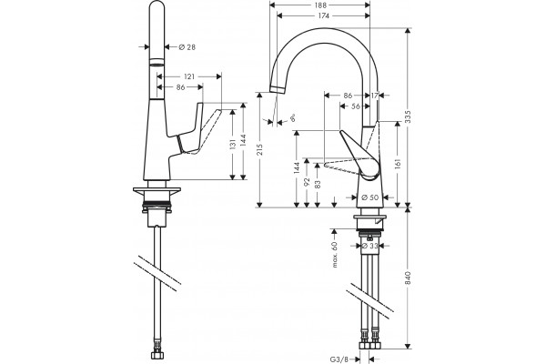 Смеситель Hansgrohe Talis M51 72814000 для кухонной мойки, хром, однорычажный, высота излива 21.5 см