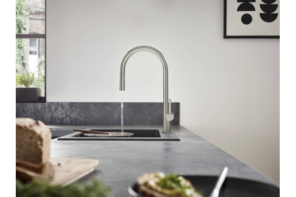Смеситель Hansgrohe Talis M54 72801800 для кухонной мойки, сталь, однорычажный, высота излива 21 см