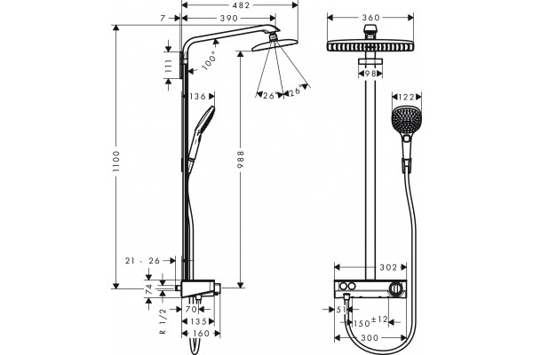 Душевая стойка Hansgrohe Raindance E 360 27288400 Showerpipe, белый, хром, штанга 113.7 см, шланг пластиковый 160 см
