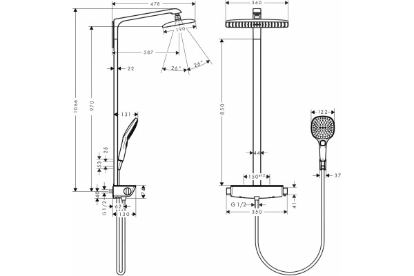 Душевая стойка Hansgrohe Raindance E 360 27286000 Showerpipe, хром, штанга 110.6 см, шланг пластиковый 160 см
