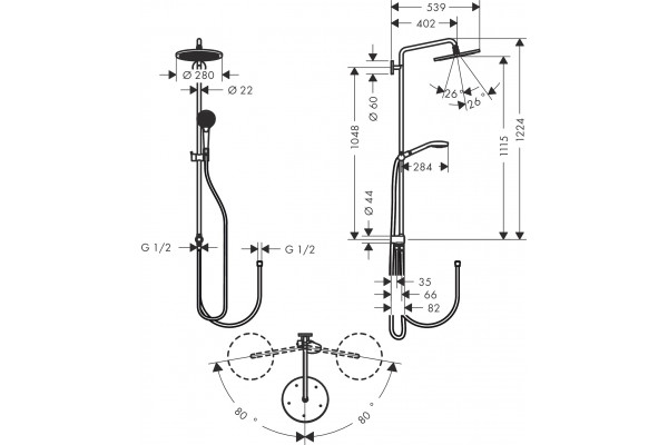 Душевая стойка Hansgrohe Croma Select S 26793000 хром штанга 124.6 см, шланг пластиковый 160 см