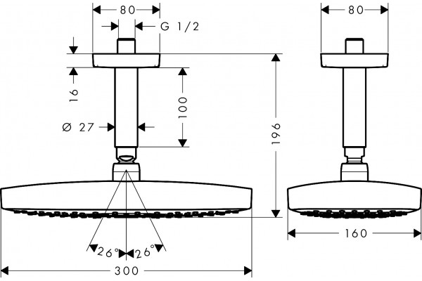 Верхний душ Hansgrohe Raindance Select E 300 2jet 26608400 белый, хром, штанга 19.6 см