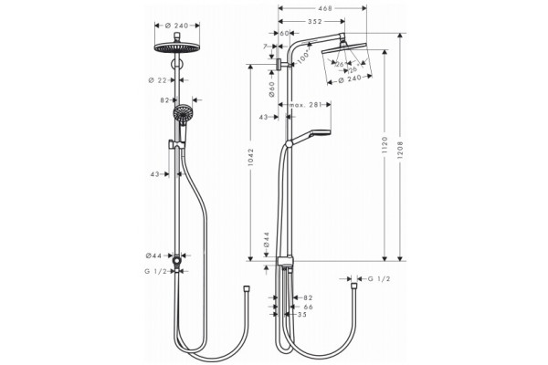 Душевая стойка Hansgrohe Crometta S 240 1jet Showerpipe Rеno 27270000 EcoSmart хром, штанга 123 см